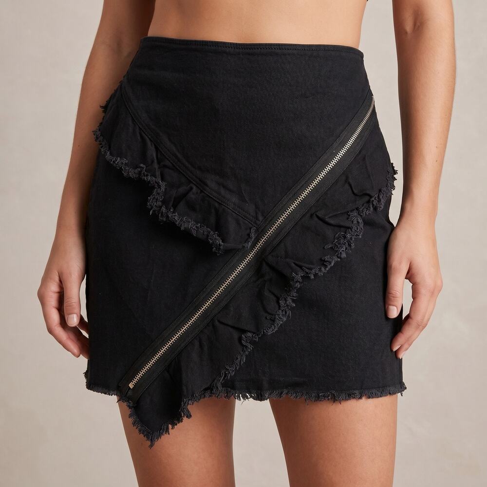 Fashion Nova Women’s Clarice Denim Mini Skirt Ruffle Zipper Black L